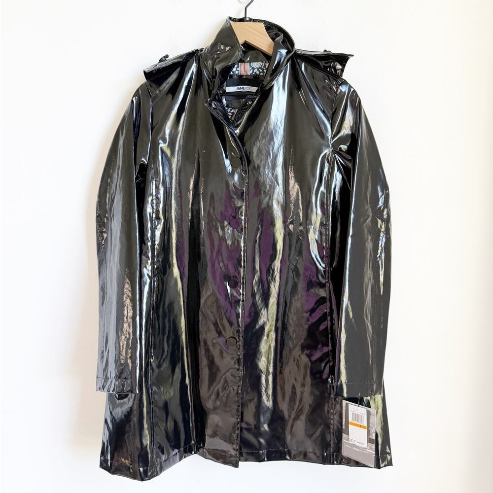 NWT Jane Post Black Snap Front Detachable Hood Iconic Raincoat Black Small